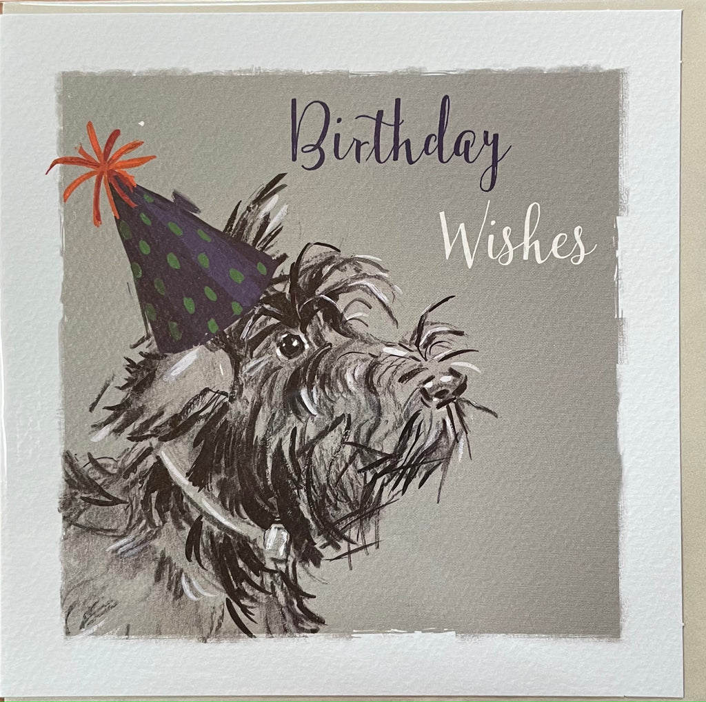 Terrier dog picture on a greeting card with a neutral background displaying the text birthday wishes