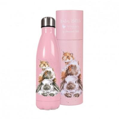 Piggy in the middle pink water bottle with a hamster, guinea pig and rabbit design